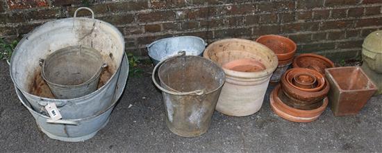 Qty galvanised buckets & terracotta wares